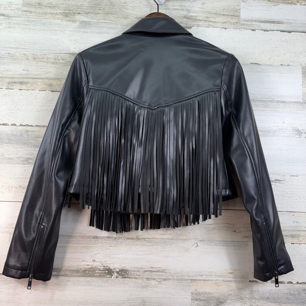 Sofia Jeans by Sofia Vergara Black Faux Leather Fringe Moto Jacket S Festival - Picture 4 of 12